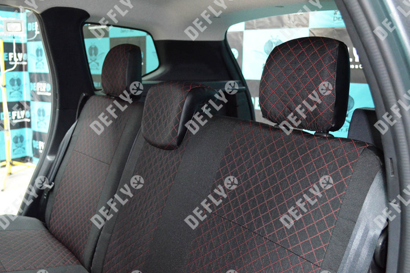 Чехлы на сиденья Renault Duster (HS), 2015-2021, Expression, Privilege, экокожа черная/жаккард красный ромб